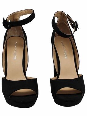 Sun + Stone Black Suede Ankle-Strap Open-Toe Heels